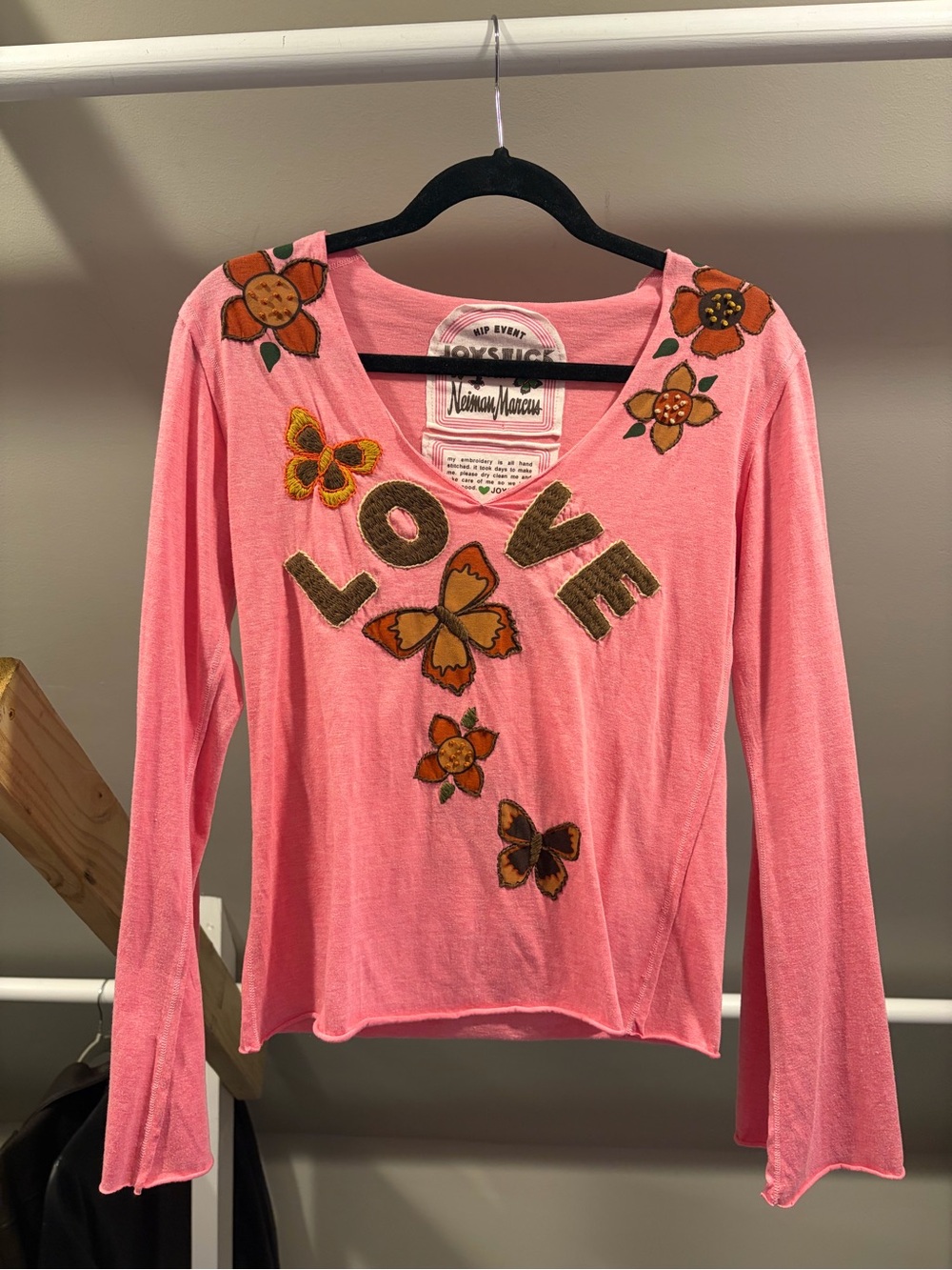 Neiman Marcus Joystick Pink 'LOVE' Embroidered V-Neck Top
